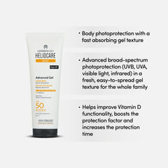 Benefits of using Heliocare 360 Advanced Gel:
- Fast absorbing gel texture
- Broad spectrum photoprotection from UVA, UVB, blue light and infrared
- Improve Vitamin D functionality