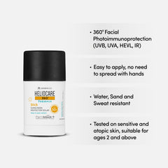 Benefits of Heliocare 360 Pediatrics Stick
360 Facial Immunoprotection from UVB, UVA, HEVL, IR
Easy to apply
Water, sand and sweat resistant
Tested on sensitive and atopic skin, suitable for ages 2 and above