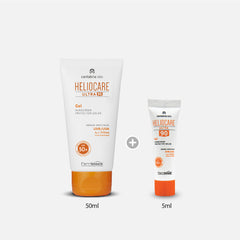 Two Heliocare sunscreen bottles, one retail sized and one sample sized, on a white background.